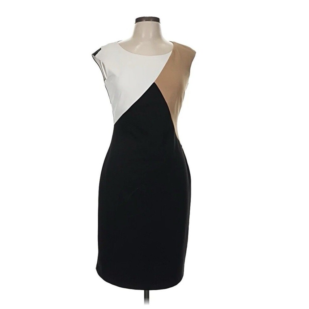 NWT Tommy Hilfiger Black/White/Camel Color Block Short Sleevles Sheath Dress 14